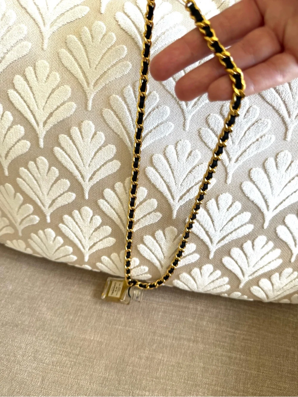 Authentic vintage Chanel No. 5 Perfume Bottle Necklace gold black chain